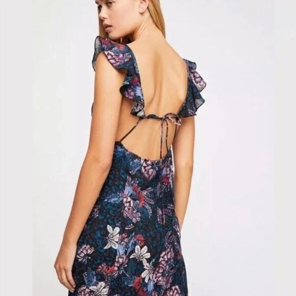 Free People Josie Deep V Neck Floral Mini Dress - Black Teal Purple - Size L - Picture 2 of 6